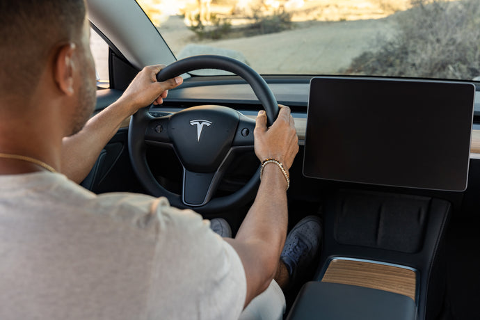 tesla interior after upgrading to wood accessories